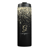 Gouden Glitter & Monogram Wit Script Naam op Zwart Thermosbeker (Voorkant)