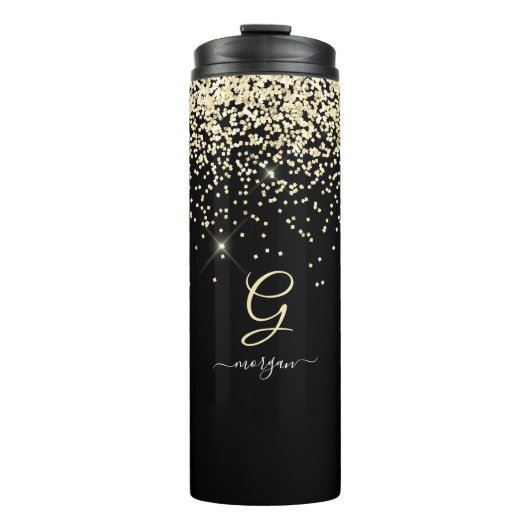 Gouden Glitter & Monogram Wit Script Naam op Zwart Thermosbeker (Voorkant)