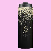 Gouden Glitter & Monogram Wit Script Naam op Zwart Thermosbeker