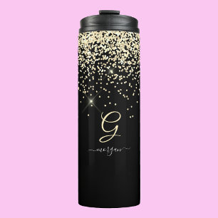 Gouden Glitter & Monogram Wit Script Naam op Zwart Thermosbeker