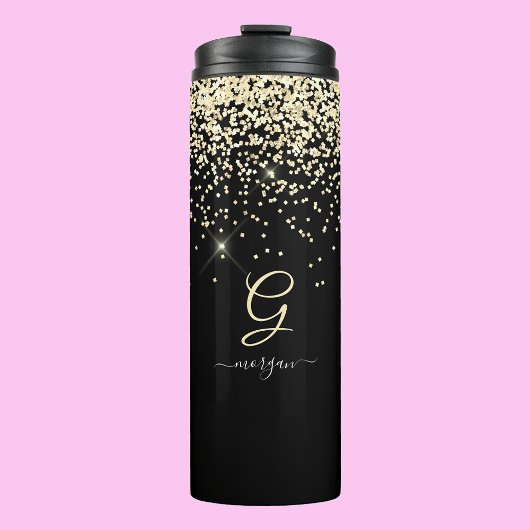 Gouden Glitter & Monogram Wit Script Naam op Zwart Thermosbeker