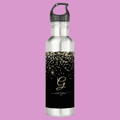 Gouden Glitter & Monogram Wit Script Naam op Zwart Waterfles