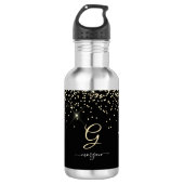 Gouden Glitter & Monogram Wit Script Naam op Zwart Waterfles (Voorkant)
