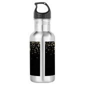 Gouden Glitter & Monogram Wit Script Naam op Zwart Waterfles (Achterkant)