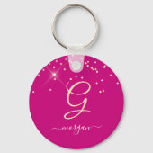 Gouden glitter & monogram witte script naam, Fuchs Sleutelhanger (Voorkant)