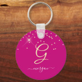 Gouden glitter & monogram witte script naam, Fuchs Sleutelhanger (Voorkant)