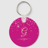 Gouden glitter & monogram witte script naam, Fuchs Sleutelhanger (Voorkant)