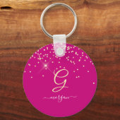 Gouden glitter & monogram witte script naam, Fuchs Sleutelhanger (Voorkant)