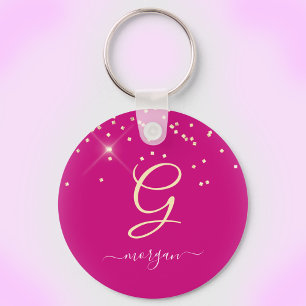 Gouden glitter & monogram witte script naam, Fuchs Sleutelhanger