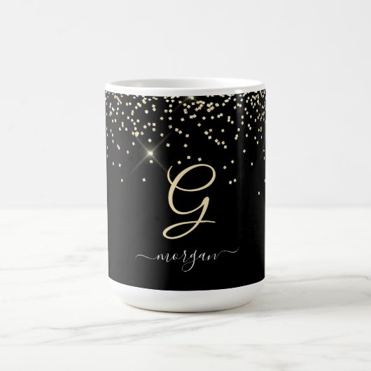 Gouden glitter & monogram witte script naam op zwa koffiemok (Center)