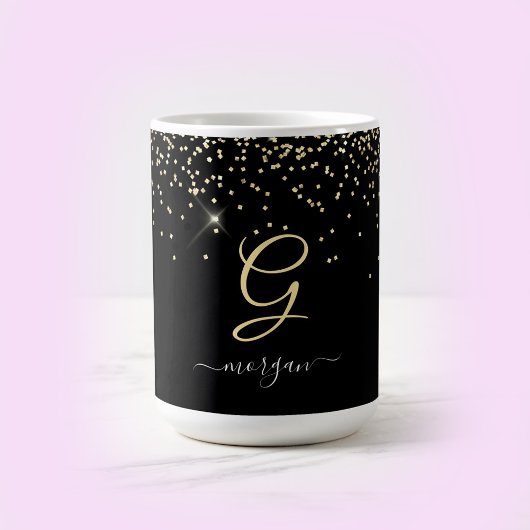 Gouden glitter & monogram witte script naam op zwa koffiemok
