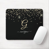 Gouden glitter & monogram witte script naam op zwa muismat (Met muis)