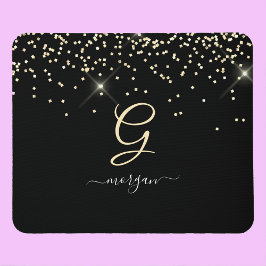 Gouden glitter & monogram witte script naam op zwa muismat