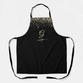 Gouden glitter & monogram witte script naam op zwa schort (Voorkant)