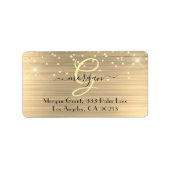Gouden Glitter & Monogram, Zwarte Script Naam Adre Etiket (Voorkant)