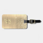 Gouden Glitter & Monogram, Zwarte Script Naam Bagagelabel (Voorkant horizontaal)