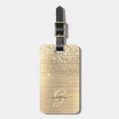 Gouden Glitter & Monogram, Zwarte Script Naam Bagagelabel (Voorkant verticaal)