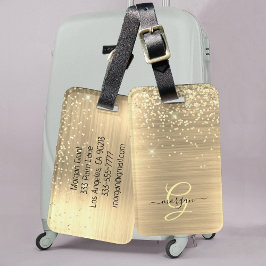 Gouden Glitter & Monogram, Zwarte Script Naam Bagagelabel