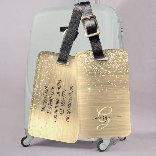 Gouden Glitter & Monogram, Zwarte Script Naam Bagagelabel