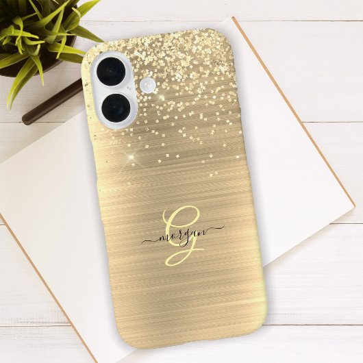 Gouden Glitter & Monogram, Zwarte Script Naam Case-Mate iPhone Case