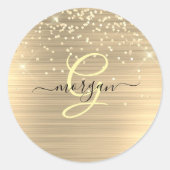 Gouden Glitter & Monogram, Zwarte Script Naam Ronde Sticker (Voorkant)