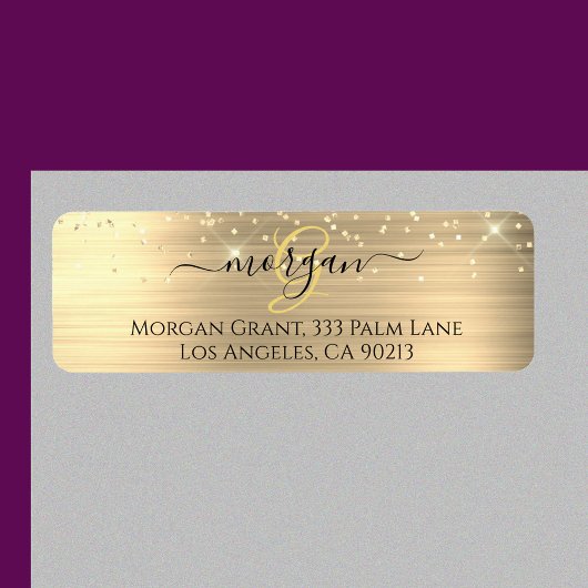 Gouden Glitter & Monogram, Zwarte Script Naam, Vs  Etiket