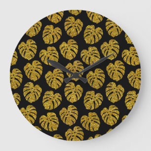 Gouden Glitter Monstera zwarte achtergrond Grote Klok