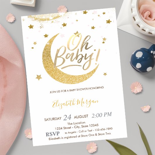 Gouden Glitter Moon Stars Baby shower Kaart