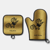 Gouden Glitter Mr. & Mrs. Hearts Monogram bruiloft Ovenwant & Pannenlap Set (Voorkant)