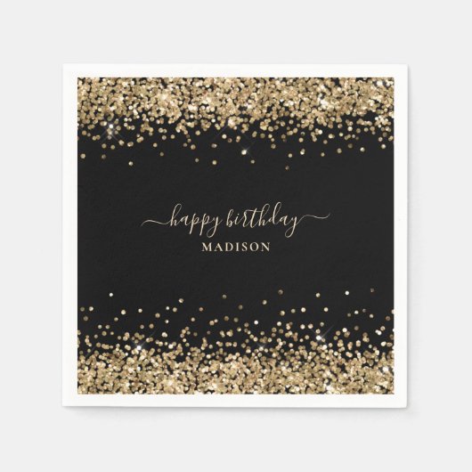 Gouden Glitter Naam Black Happy Birthday Servet (Voorkant)