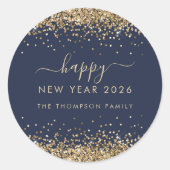 Gouden Glitter Naam Navy Blue Happy New Year 2026 Ronde Sticker (Voorkant)