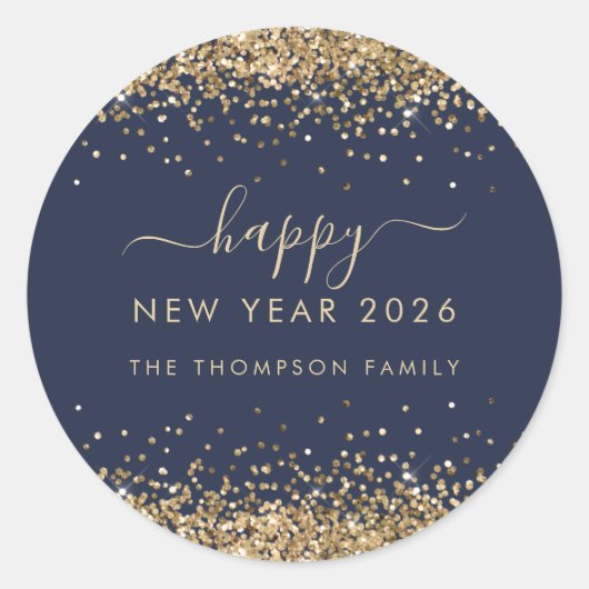 Gouden Glitter Naam Navy Blue Happy New Year 2026 Ronde Sticker (Voorkant)