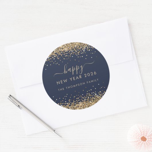Gouden Glitter Naam Navy Blue Happy New Year 2026 Ronde Sticker (Envelop)