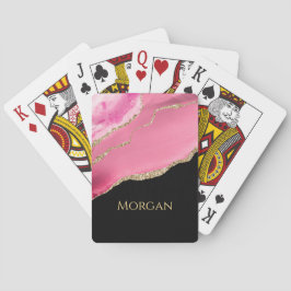 Gouden Glitter & Naam, Roze Agaat op Zwart Pokerkaarten
