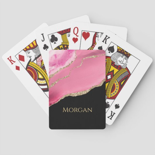 Gouden Glitter & Naam, Roze Agaat op Zwart Pokerkaarten (Achterkant)