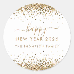 Gouden Glitter Naam Wit Gelukkig Nieuwjaar 2026 Ronde Sticker