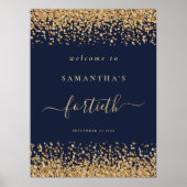 Gouden Glitter Navy Blauw Script Welkom 40th Party Poster (Voorkant)