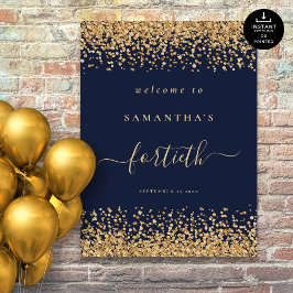 Gouden Glitter Navy Blauw Script Welkom 40th Party Poster