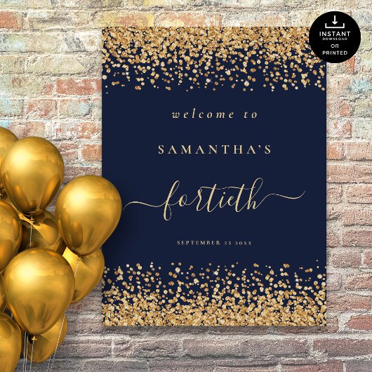 Gouden Glitter Navy Blauw Script Welkom 40th Party Poster