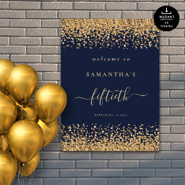 Gouden Glitter Navy Blauw Script Welkom 50e Partij Poster