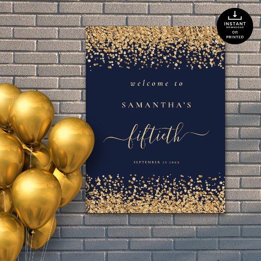 Gouden Glitter Navy Blauw Script Welkom 50e Partij Poster