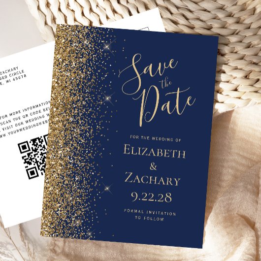 Gouden Glitter Navy Blauwe QR Code Save the Date Aankondigingskaart