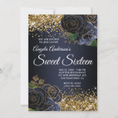 Gouden Glitter Navy Blue Floral Glam Sweet Sixteen Kaart (Voorkant)