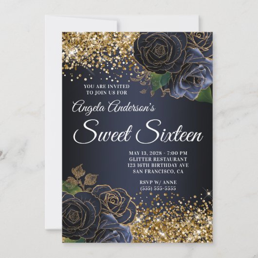 Gouden Glitter Navy Blue Floral Glam Sweet Sixteen Kaart (Voorkant)