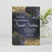 Gouden Glitter Navy Blue Floral Glam Sweet Sixteen Kaart (Staand voorkant)