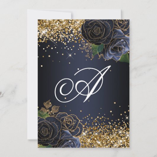 Gouden Glitter Navy Blue Floral Glam Sweet Sixteen Kaart (Achterkant)