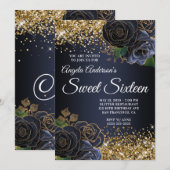 Gouden Glitter Navy Blue Floral Glam Sweet Sixteen Kaart (Voorkant / Achterkant)