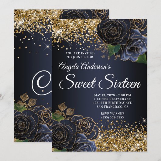 Gouden Glitter Navy Blue Floral Glam Sweet Sixteen Kaart (Voorkant / Achterkant)
