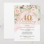 Gouden glitter nummer zacht roze rozen 40e verjaar kaart (Voorkant / Achterkant)