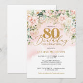 Gouden glitter nummer zacht roze rozen 80ste verja kaart (Voorkant / Achterkant)